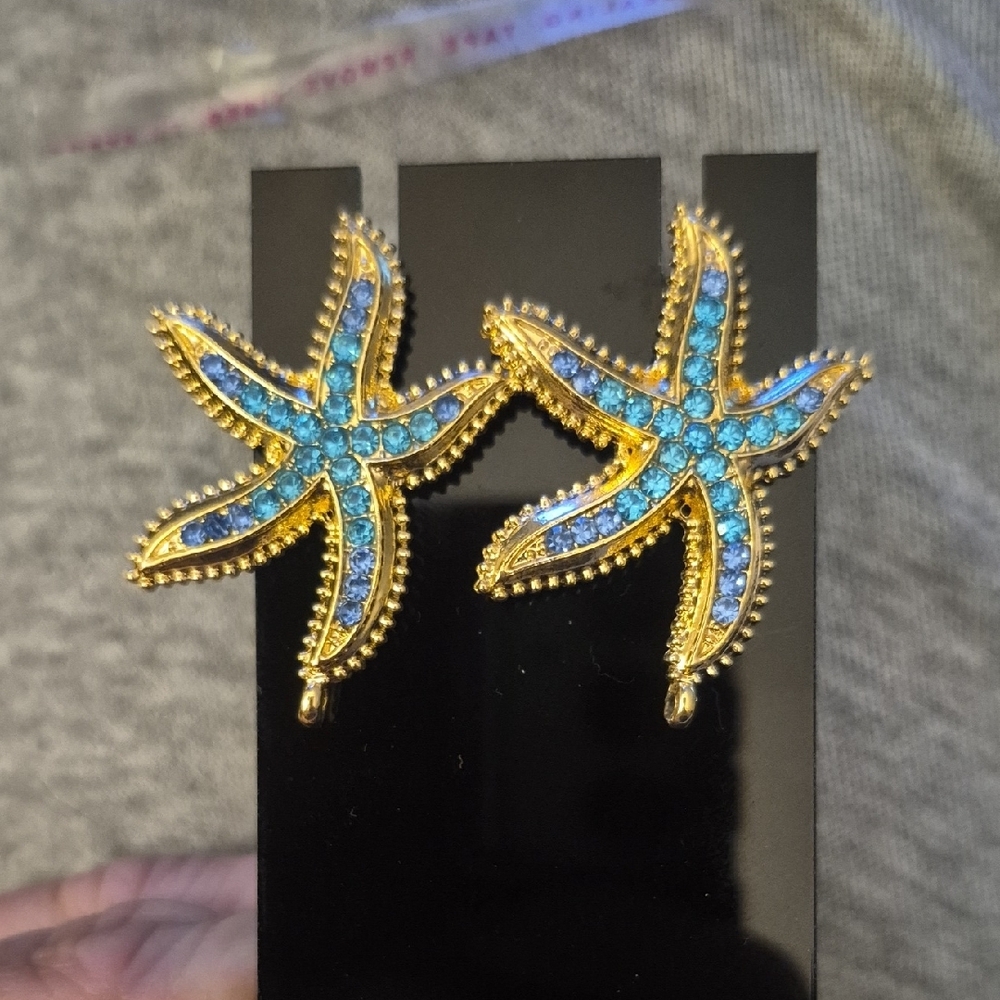 Vintage Art Deco Gold With Blue Crystal Rhinestone Starfish Earrings - Picture 3 of 7